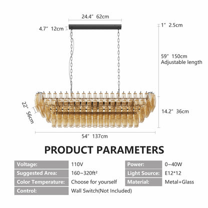 54-Inch Black Rectangular 12-Light Smoke Glass Chandelier