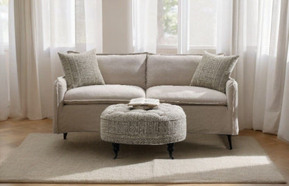 Beige Patterned Linen Sofa with Two Toss Pillows