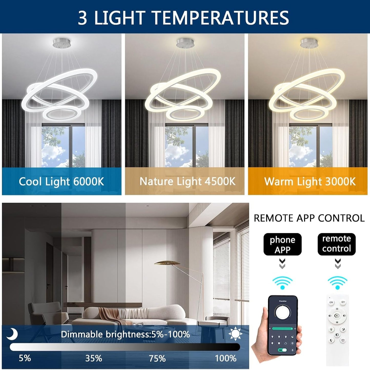 Modern LED Chandelier 3 Ring Chandelier for Dining Room Living Room Pendant Lighting High Ceiling Hanging Light Fixture for Bedroom Foyer Silver