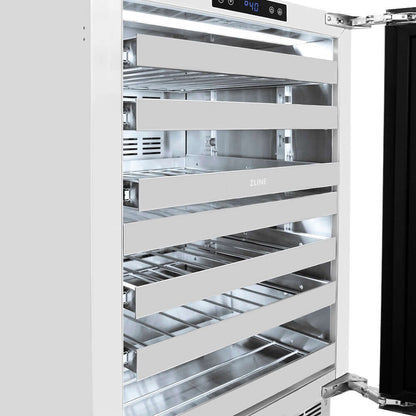 ZLINE 24" Touchstone Dual Zone 44 Bottle Wine Cooler White Matte Glass Door Champagne Bronze Handle RWDOZ-WM-24-CB