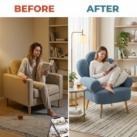 Blue Accent Sherpa Chair Comfy Modern Living Room Chair Teddy Fabric Mid Century Bedroom Chair with Golden Legs Arm Chair for Reading Bedroom Single — Before & After