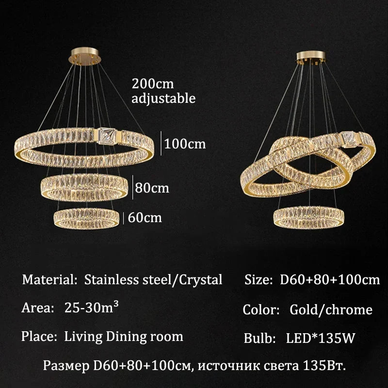 Modern Crystal Ring Chandelier | Gold LED Pendant Light for Living Rooms, Dining Rooms & High Ceilings