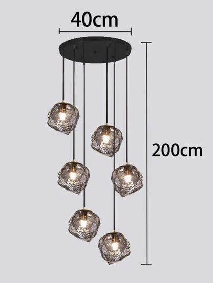 Glass Stone Multi-Head Pendant Chandelier – Dimmable LED, Staircase & Living Room