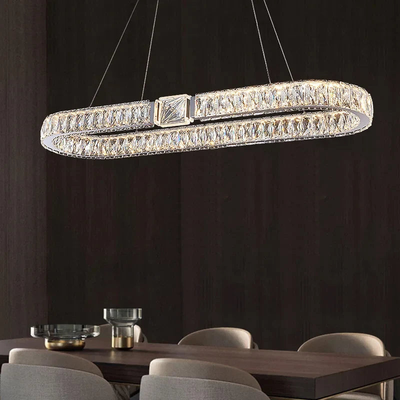 Modern Crystal Ring Chandelier | Gold LED Pendant Light for Living Rooms, Dining Rooms & High Ceilings