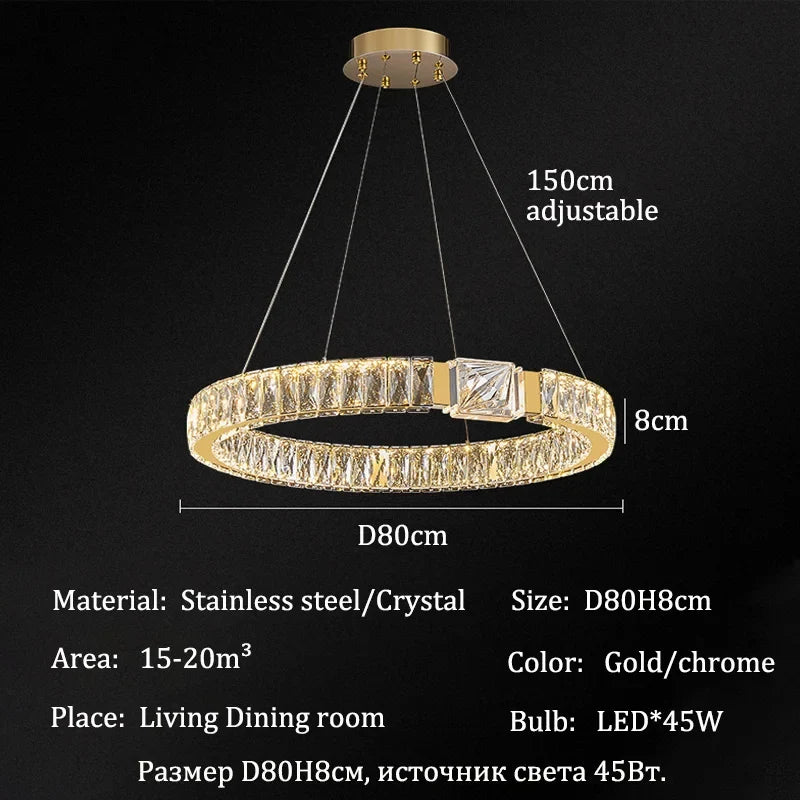 Modern Crystal Ring Chandelier | Gold LED Pendant Light for Living Rooms, Dining Rooms & High Ceilings