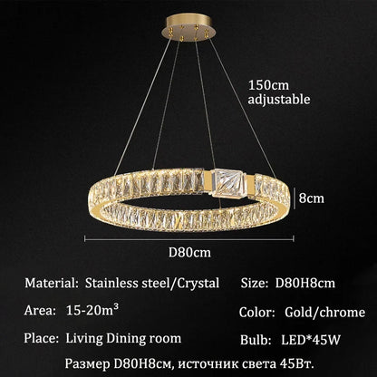 Modern Crystal Ring Chandelier | Gold LED Pendant Light for Living Rooms, Dining Rooms & High Ceilings