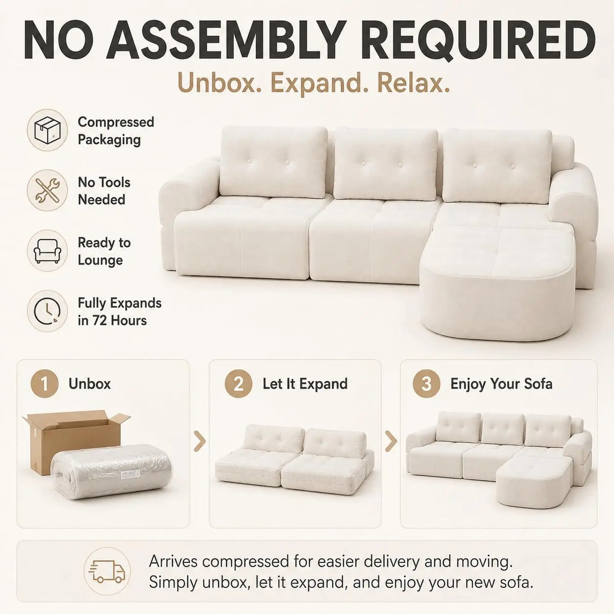 110" Boneless Cloud Sofa with Chaise – 4-Seat L-Shape Modular Sectional in Beige-White