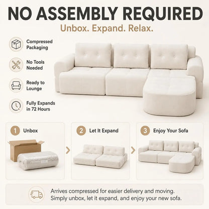 110" Boneless Cloud Sofa with Chaise – 4-Seat L-Shape Modular Sectional in Beige-White