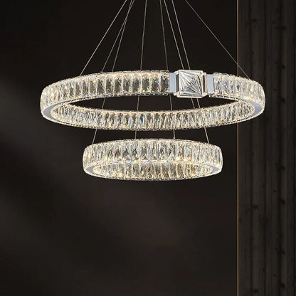 Modern Crystal Ring Chandelier | Gold LED Pendant Light for Living Rooms, Dining Rooms & High Ceilings