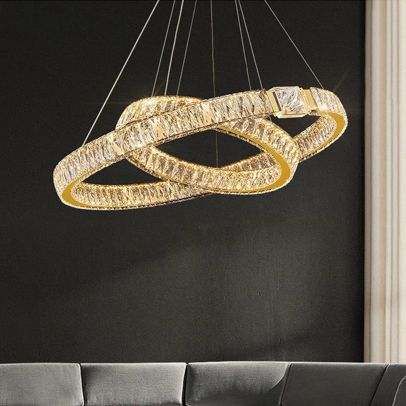 Modern Crystal Ring Chandelier | Gold LED Pendant Light for Living Rooms, Dining Rooms & High Ceilings