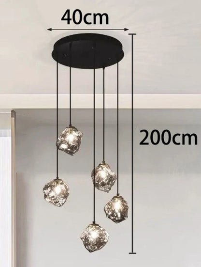 Glass Stone Multi-Head Pendant Chandelier – Dimmable LED, Staircase & Living Room