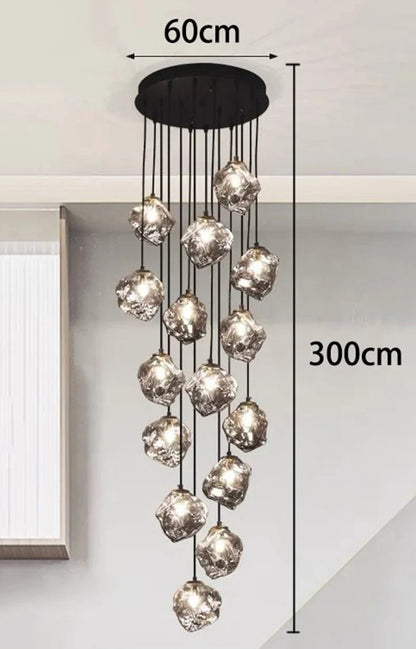Glass Stone Multi-Head Pendant Chandelier – Dimmable LED, Staircase & Living Room