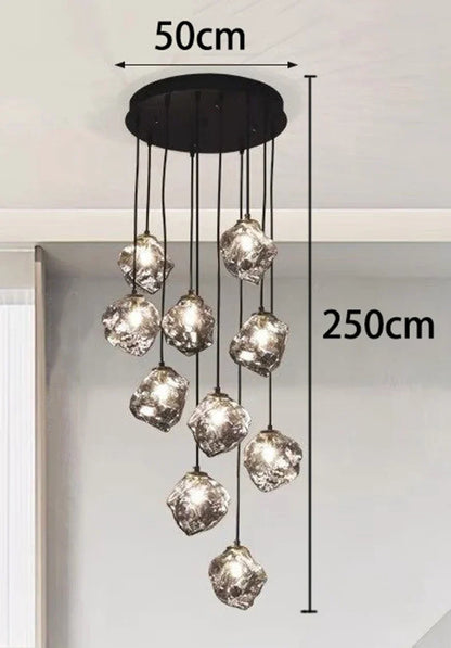 Glass Stone Multi-Head Pendant Chandelier – Dimmable LED, Staircase & Living Room