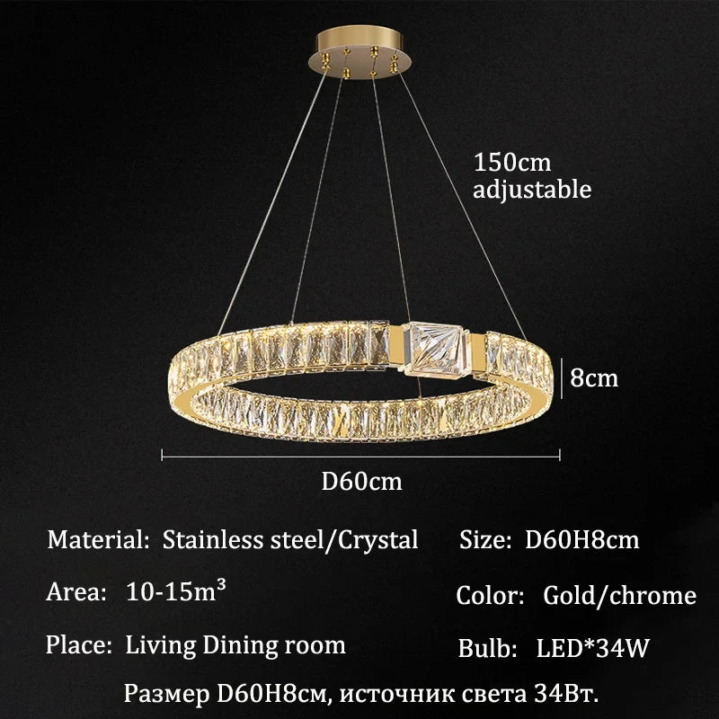 Modern Crystal Ring Chandelier | Gold LED Pendant Light for Living Rooms, Dining Rooms & High Ceilings