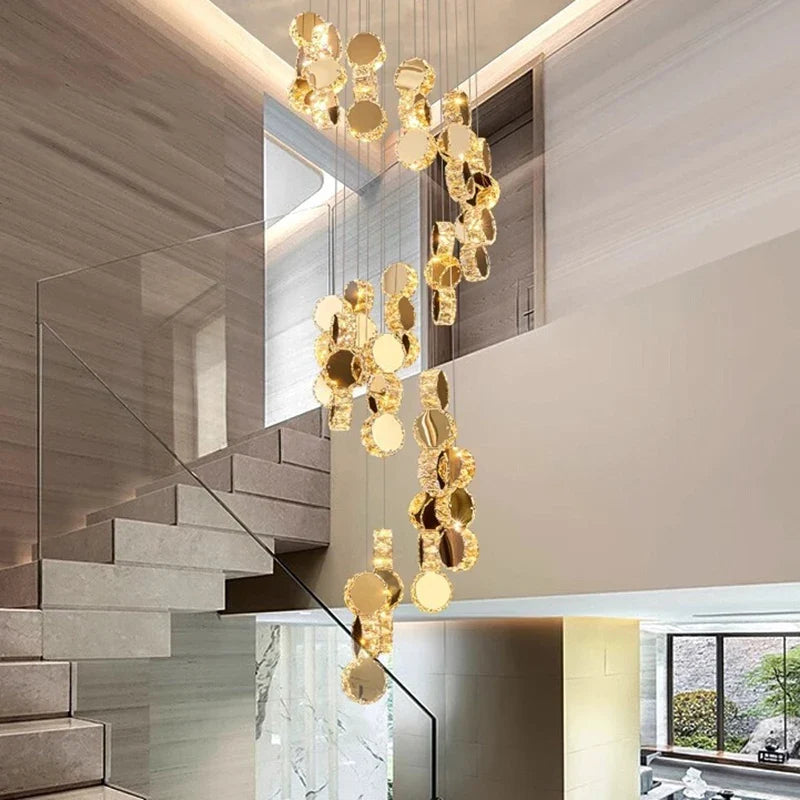 Cascading Crystal Staircase Chandelier | Modern LED Pendant Light for High Ceilings & Foyers