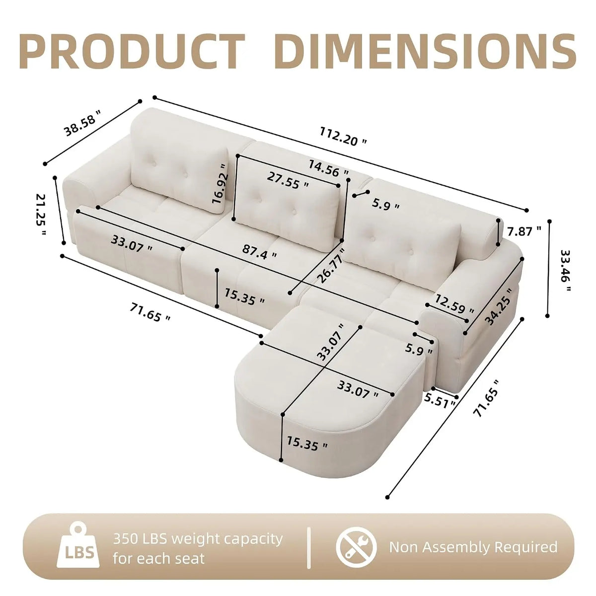 110" Boneless Cloud Sofa with Chaise – 4-Seat L-Shape Modular Sectional in Beige-White