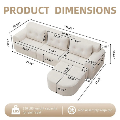 110" Boneless Cloud Sofa with Chaise – 4-Seat L-Shape Modular Sectional in Beige-White