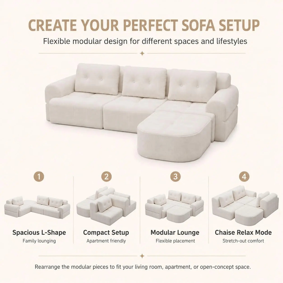 110" Boneless Cloud Sofa with Chaise – 4-Seat L-Shape Modular Sectional in Beige-White