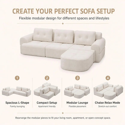 110" Boneless Cloud Sofa with Chaise – 4-Seat L-Shape Modular Sectional in Beige-White