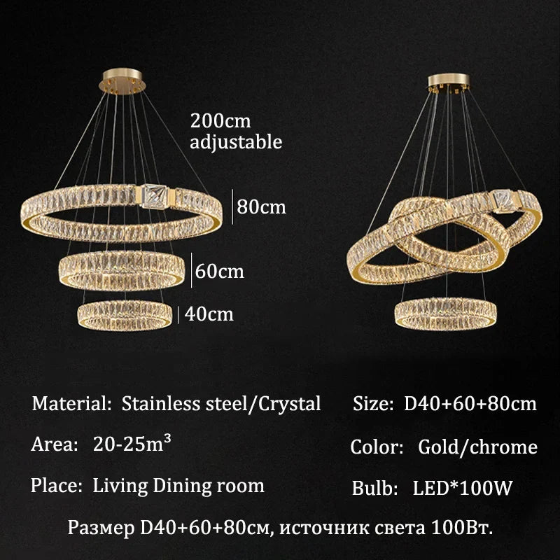 Modern Crystal Ring Chandelier | Gold LED Pendant Light for Living Rooms, Dining Rooms & High Ceilings