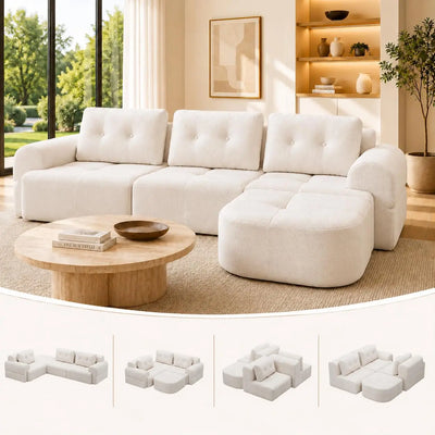 110" Boneless Cloud Sofa with Chaise – 4-Seat L-Shape Modular Sectional in Beige-White