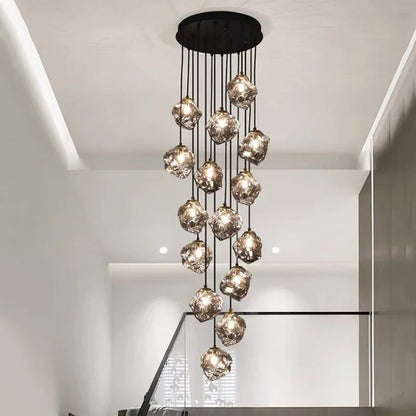 Glass Stone Multi-Head Pendant Chandelier – Dimmable LED, Staircase & Living Room