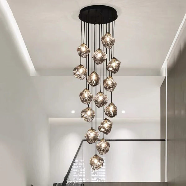 Glass Stone Multi-Head Pendant Chandelier – Dimmable LED, Staircase & Living Room