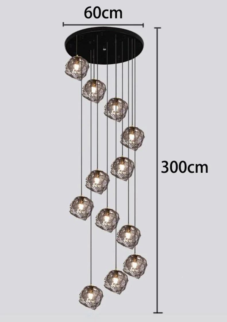 Glass Stone Multi-Head Pendant Chandelier – Dimmable LED, Staircase & Living Room