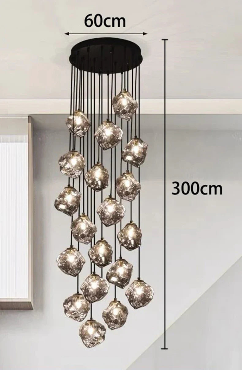 Glass Stone Multi-Head Pendant Chandelier – Dimmable LED, Staircase & Living Room