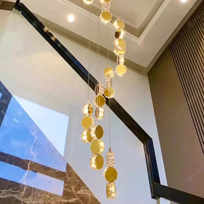 Cascading Crystal Staircase Chandelier | Modern LED Pendant Light for High Ceilings & Foyers