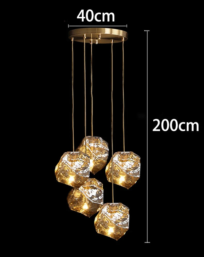 Glass Stone Multi-Head Pendant Chandelier – Dimmable LED, Staircase & Living Room