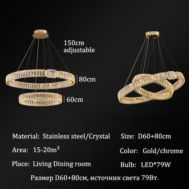Modern Crystal Ring Chandelier | Gold LED Pendant Light for Living Rooms, Dining Rooms & High Ceilings