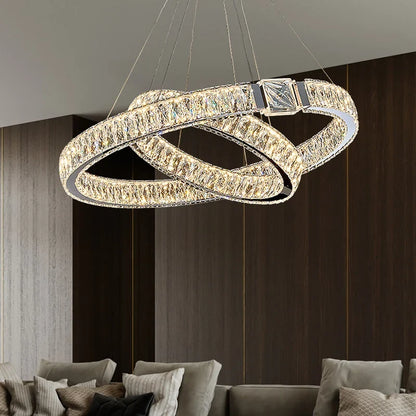 Modern Crystal Ring Chandelier | Gold LED Pendant Light for Living Rooms, Dining Rooms & High Ceilings