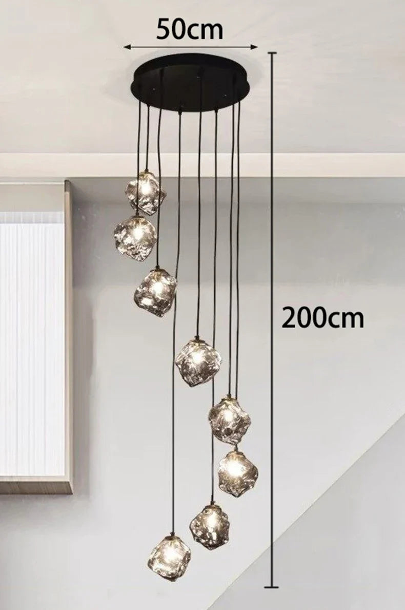Glass Stone Multi-Head Pendant Chandelier – Dimmable LED, Staircase & Living Room