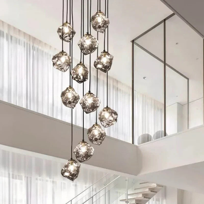 Glass Stone Multi-Head Pendant Chandelier – Dimmable LED, Staircase & Living Room
