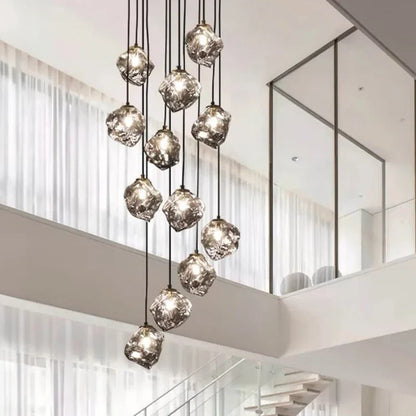 Glass Stone Multi-Head Pendant Chandelier – Dimmable LED, Staircase & Living Room