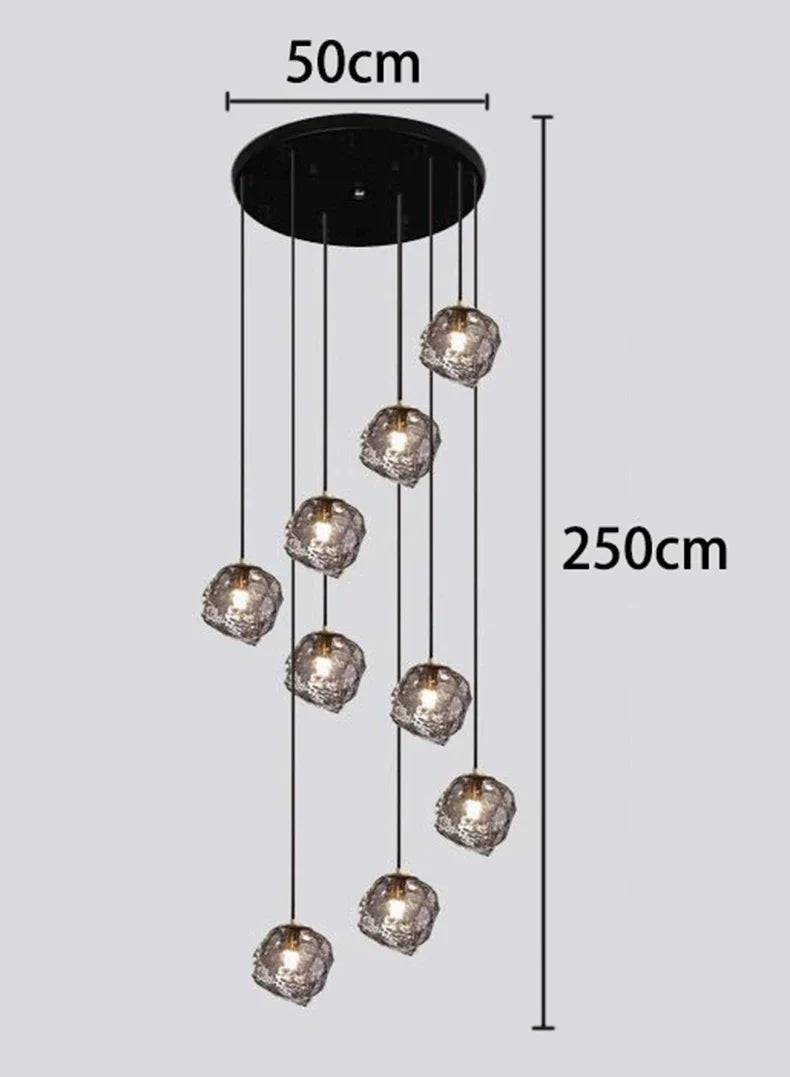 Glass Stone Multi-Head Pendant Chandelier – Dimmable LED, Staircase & Living Room
