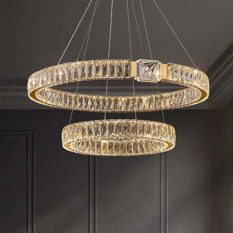 Modern Crystal Ring Chandelier | Gold LED Pendant Light for Living Rooms, Dining Rooms & High Ceilings