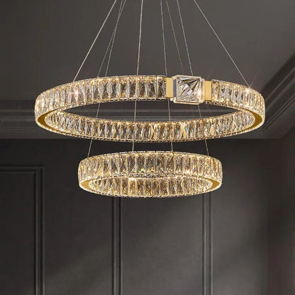 Modern Crystal Ring Chandelier | Gold LED Pendant Light for Living Rooms, Dining Rooms & High Ceilings