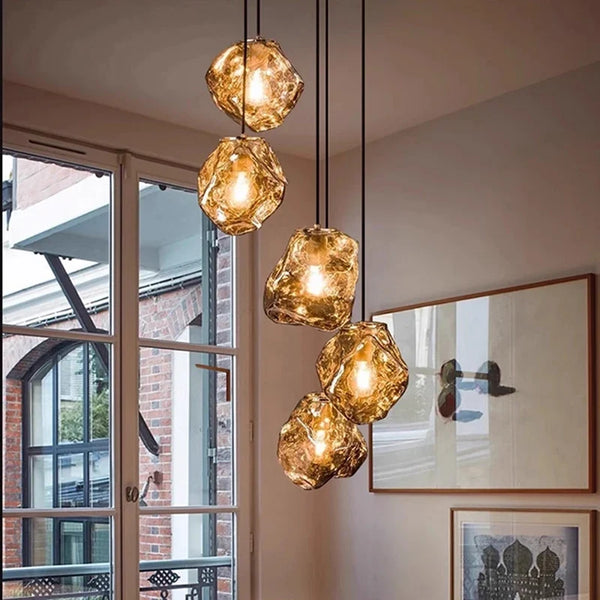 Glass Stone Multi-Head Pendant Chandelier – Dimmable LED, Staircase & Living Room