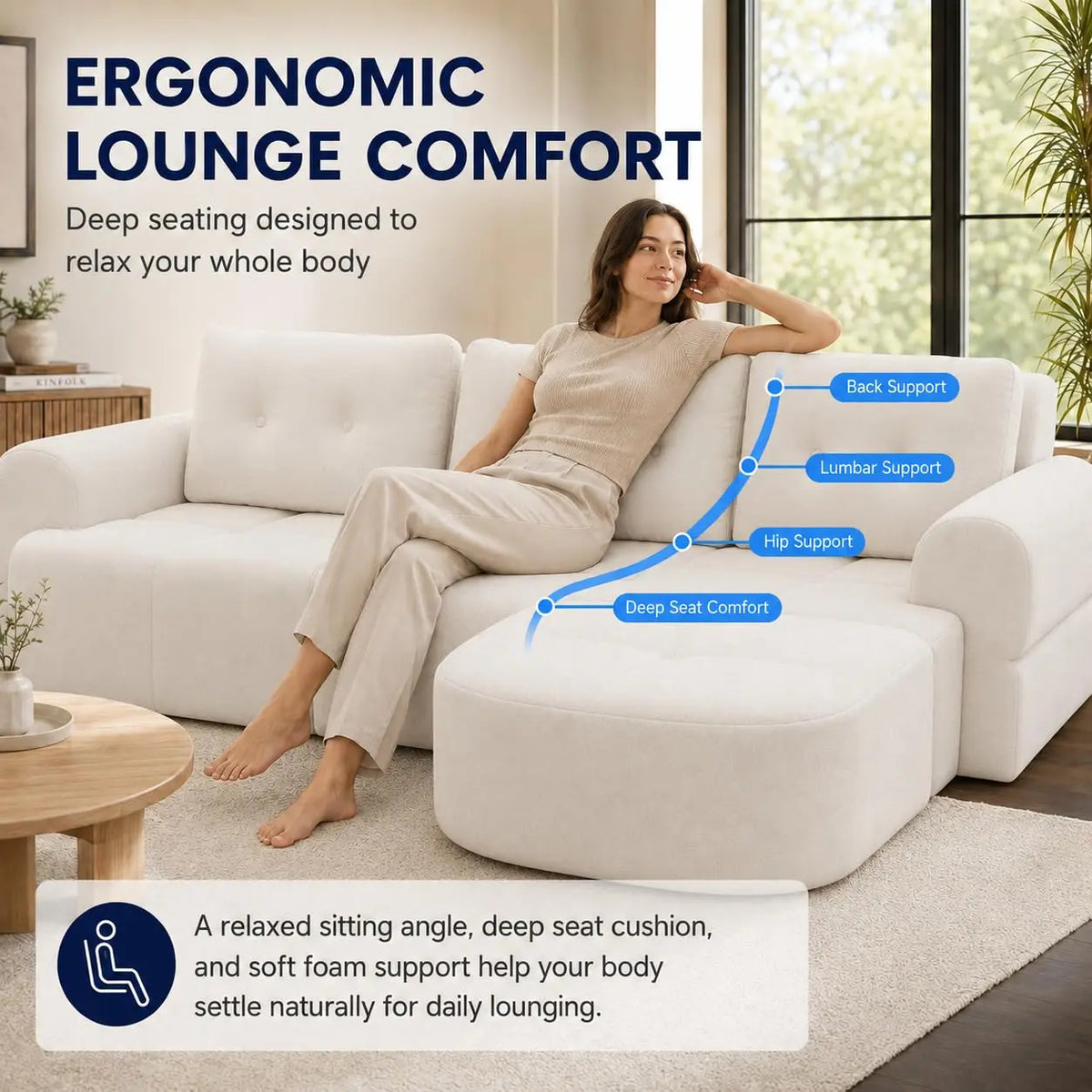 110" Boneless Cloud Sofa with Chaise – 4-Seat L-Shape Modular Sectional in Beige-White