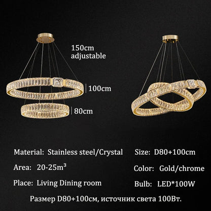 Modern Crystal Ring Chandelier | Gold LED Pendant Light for Living Rooms, Dining Rooms & High Ceilings