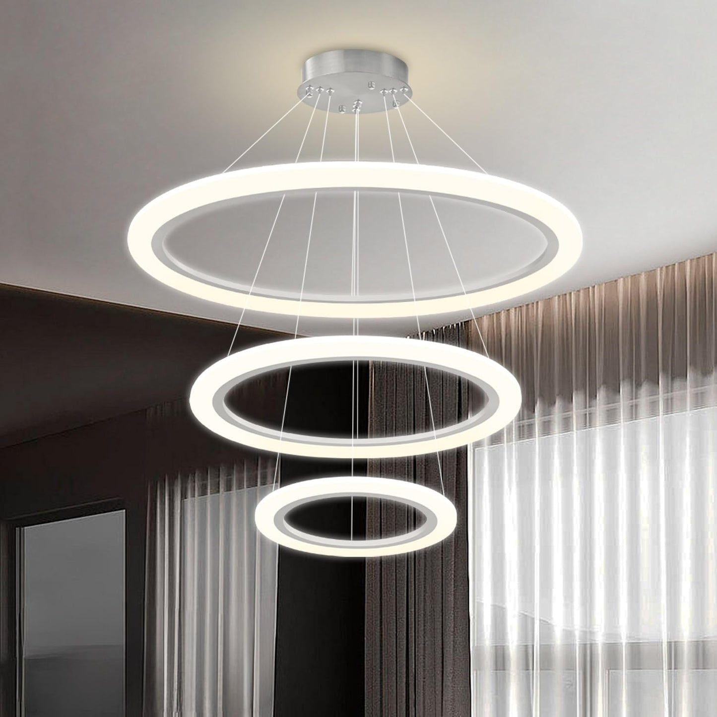 Modern LED Chandelier 3 Ring Chandelier for Dining Room Living Room Pendant Lighting High Ceiling Hanging Light Fixture for Bedroom Foyer Silver