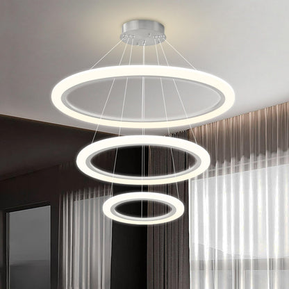 Modern LED Chandelier 3 Ring Chandelier for Dining Room Living Room Pendant Lighting High Ceiling Hanging Light Fixture for Bedroom Foyer Silver