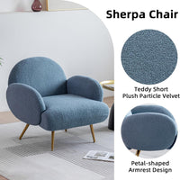 Blue Accent Sherpa Chair Comfy Modern Living Room Chair Teddy Fabric Mid Century Bedroom Chair with Golden Legs Arm Chair for Reading Bedroom Single