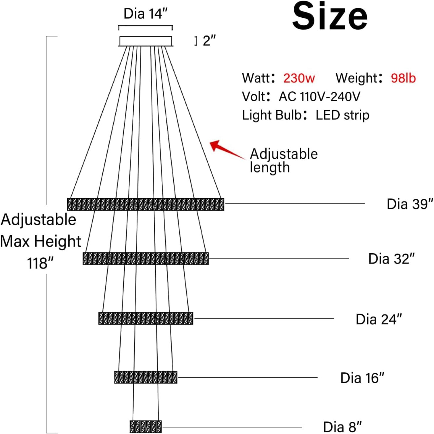 Large Modern Chandelier 5 Ring Chandeliers for High Ceiling Dimmable Black Chandelier High Ceiling Foyer Chandeliers for Living Room Dining Room Staircase