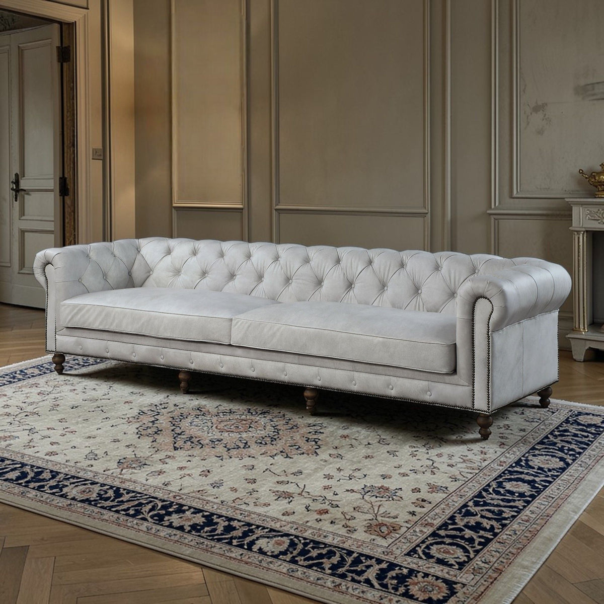 Ofer Antique White Leather Sofa | Button Tufted Top-Grain Leather Sofa with Nailhead Trim
