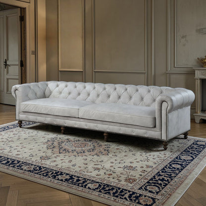 Ofer Antique White Leather Sofa | Button Tufted Top-Grain Leather Sofa with Nailhead Trim