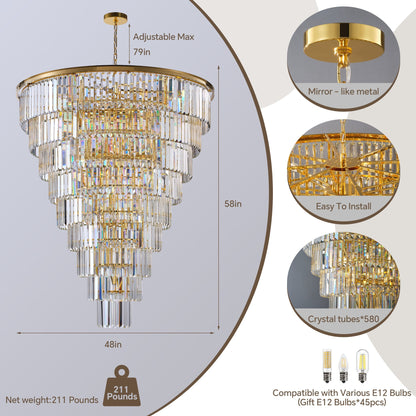 48-Inch Gold Tiered Crystal Tube Chandelier