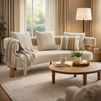 Luxe 76.5 in. Curved 3-Seater Modern Upholstered Boucle Sofa, Sesame